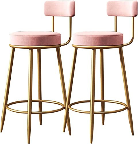 Set di 2 sgabelli da bar, rimovibili e lavabili, in velluto, con schienale, per soggiorno, cucina, bar (rosa, 65 cm) (oro, rosa, bianco, 65 cm)
