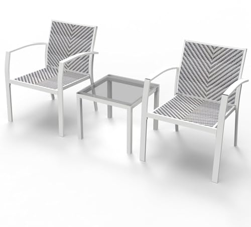 RANSENERS 3-Teilig Premium Balkonset Bistroset mit Metallrahmen und Polyrattan Sitzfläche für Garten Terrasse und Balkon (Weiß)