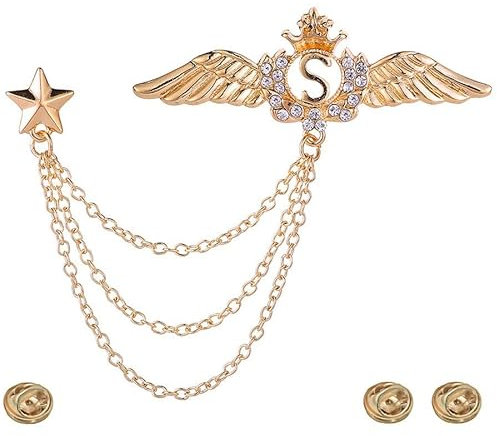 Set Of 2pcs Gold Rhinestone Crystal Angel Wings Brooch Pin For Women Men Clothes Suit Dresses With Tassel Chain Jewelry Accessory
