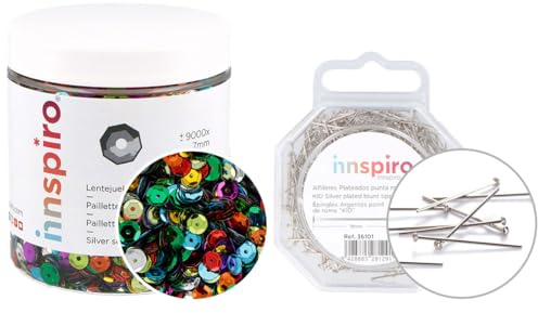 INNSPIRO Set mit silbernen Pailletten, 7 mm, 120 g und Nadeln mit Roma-Spitze, 500u, 9 Farben, langlebiges PVC, ideal für Bastelarbeiten, Porexpan, Kleidungsdekoration und DIY-Projekte, sicher für
