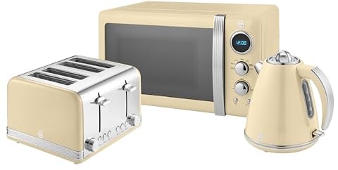 Swan Retro Kitchen Set, 1.5L Fast Boil Kettle & 4 Slice Toaster & 20L Digital Microwave, Cream, SK19020CN, ST19020CN, SM22030LCN