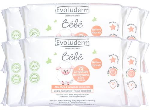 EVOLUDERM - 72 Lingettes Bébé Nettoyantes Extra-Douces - 97% d'Origine Naturelle - Sans Parfum - Lot de 6 x 72 lingettes