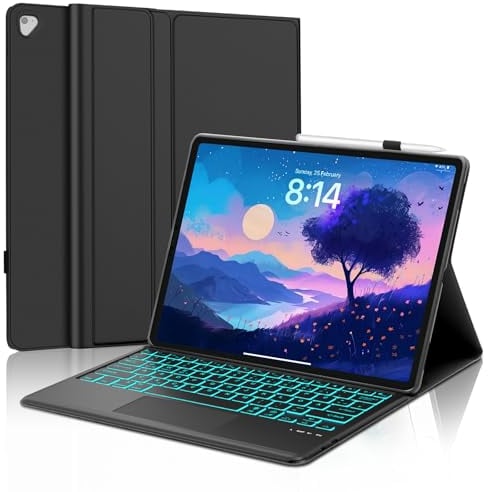 WINCHKING Hülle mit Tastatur iPad Pro 12,9 Zoll 2015/2017 (1./2. Gen) - 7 Farben Beleuchtete Kabellose Abnehmbare Keyboard mit Touchpad Flexibles TPU Hülle, Schwarz