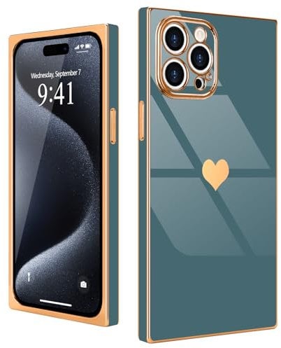 Urarssa for iPhone 15 Pro Case Cute Rectangle Heart Pattern Luxury Gold Plating Cases Women Girls Shockproof Bumper Silicone Protective Cover for iPhone 15 Pro-Grey