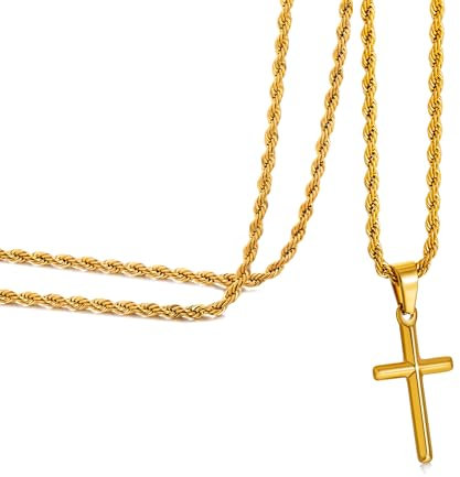murtoo Cross Necklace for Men Gold Rope Chain Stainless Steel Necklace for Mens Silver Chain Mens Gifts for Him Boyfriend Father Gold, 20''Rope
