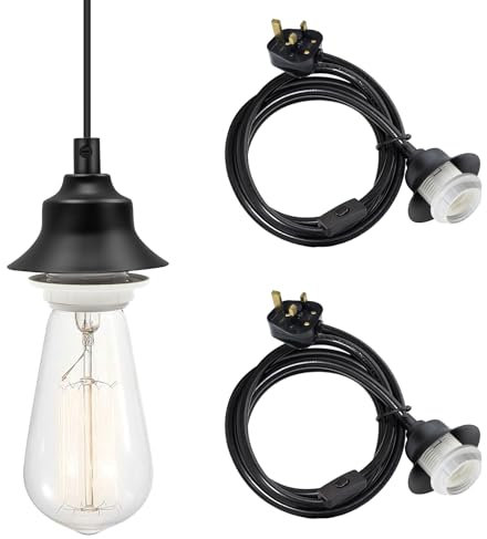 2 Pack Plug in Pendant Light Cord Kit, 4.5M Cable E27 Lamp Holder with On/Off Switch, Plug in Ceiling Light, Hanging Light Kit, Pendant Lighting Fitting, Rural Style Decoration, Minimalist Lighting