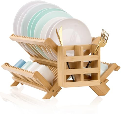 NOVAYEAH Bmaboo Dish Drying Rack for Kitchen Counter 3-Tier Collapsible Wooden Dish Drying Rack with Utensil Holder Dish Drainer Large Folding Dish Rack with Utensils Flatware Holder 51 pcs Grid