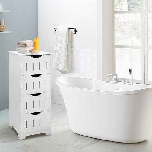 HUOLE Armario de Suelo para Baño, Armario de Almacenamiento, Armario de Pie, con 4 cajones MDF, para Baño, Sala de Estar, Comedor, Cocina, Estilo Moderno-30 * 30 * 82cm-Blanco