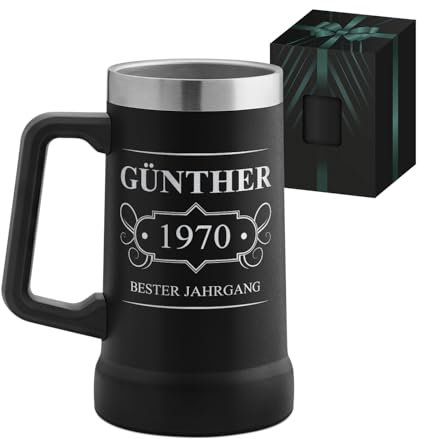 Maverton Isolierter Bierkrug mit Gravur 700 ml Schwarz – Edelstahl Bierglas mit Henkel – Geburtstagsgeschenk für Männer - Personalisierte Geschenke Männer - Biergeschenk