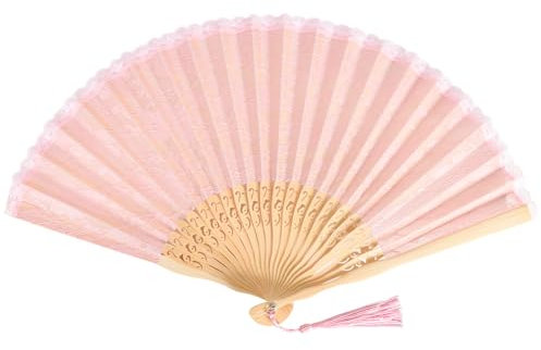Hnonoxy Faltbarer Spitzenfächer, Spitze Handfächer mit Holzgriff, Faltbare Fächer, Hochzeit Hand Fan, Vintage Fächer Spitze, Fächer Spitze für Hochzeit Party Tanzen Requisiten Home Decorative (Rosa)