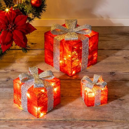 Schauer 3er Set LED Geschenkboxen mit 6h Timer & Batterie rot/Silber | Weihnachtsbaum Deko Dekoboxen warm weiß beleuchtet - Weihnachten Christmas Decorations Weihnachtsdeko innen