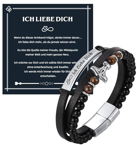 Gamtic Personalisierte Herren Leder Armband - Premium Edelstahl Wikingerarmband Lederarmband Armbänder Herren Armband mit Gravur Herrenarmbänder Geschenke für Männer (Ich Liebe Dich)