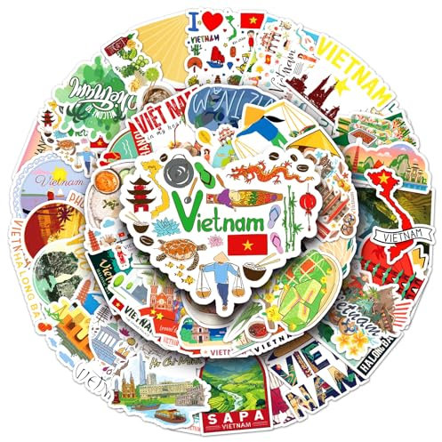 50PCS Vietnam Travel Stickers,Vinyl Stickers for Water Bottles Laptops Bicycles Cups Luggage Scooters Refrigerators Skateboards, Funny and Colorful Designs for Teens Young Adults