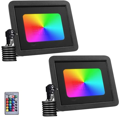 wowspeed 100W RGB LED Strahler Außen Mit Fernbedienung 2 PACK, 4 Modi 16 Farben Memory-Funktion RGB Strahler, IP66 Wasserdicht LED Flutlicht, RGBW-Farbwechsel LED Scheinwerfer