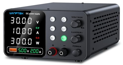 WANPTEK POWER Fuente Alimentacion Regulable, Fuente Laboratorio 30V 10A Ajustable con 3 Memorias y llave de bloqueo, Protección OCP/Salidas/Carga Rápida USB con Pantalla