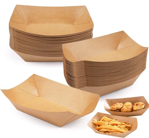 100 Stück Fingerfood Schiffchen für Fingerfood Currywurst Pommes Sushi | 16.7 x 11.5 x 4 CM Fingerfood Schalen Öl Und Wasserbeständig Kraftkarton Schalen Einweg Holzschale Schiffchen (Braun)