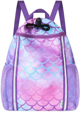 WAWSAM Mochilas de Cuerdas Niña Chica, Sirena Cuerdas y Saco de Gimnasi, Impermeable Bolsa de Cuerdas Mochila Deportiva, Bolsillos Laterales de Malla Dobles para Deporte Viaje Playa nadar