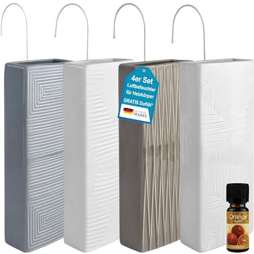 Luftbefeuchter für Heizung Set inkl. Haken - Keramik 220ml Wasserverdunster - moderne Farben - Wasserverdunster verdampfer verdunster Luftreiniger - mit Struktur - 4 Stück