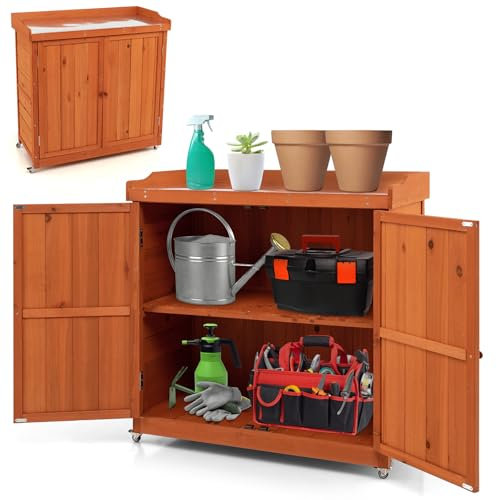 HOMASIS Armario de exterior de madera con ruedas, armario de exterior impermeable con banco de fregadero superior de acero galvanizado y estante interior extraíble, 98,5 x 48 x 100 cm, naranja