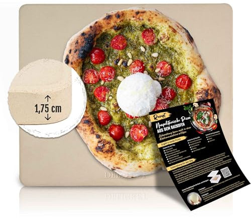 DELICRET - Pizzastein für Backofen | 33x38x1,75cm - für Pizzen bis Ø33cm - inkl. Backanleitung für eine echte Pizza Napoletana moderna
