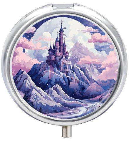 Kleine Pillendose mit 3 Fächern, Reise-Medizin, Pillen-Organizer mit Spiegel, feuchtigkeitsbeständig, Wolken über dem Schloss, tragbare Tasche, Medizin-Organizer, runde Vitamin-Organizer-Box