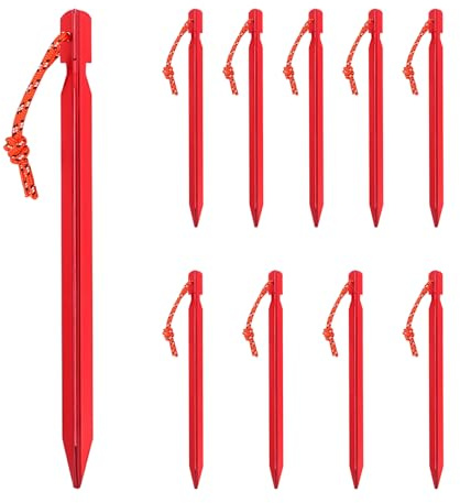 wilcractk 10 Stück Camping Heringe Aus Aluminium 18 cm Zeltheringe Stabil In Rot Mit Seil Dreikant Design Für Sturmsicher Bodenanker Und Schraubheringe Für Zelt Pegs Zelthaken Set