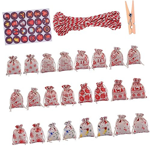 TOPBATHY 1 Satz Adventskalender Beutel mit Ziehschnur Taschen für Weihnachtsdekoration Wiederverwendbar zum Befüllen und Aufhängen an Tür Baum oder Wand
