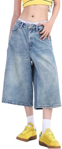 Y2K Vintage Baggy Jeans da donna lavati a gamba larga Capri Pantaloni Casual Denim Shorts Oversize Jorts Vita Alta Al Ginocchio Bermuda Pantaloni Loose Fit Harajuku Jeans Streetwear