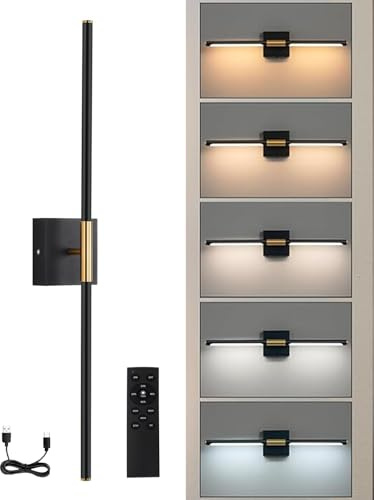 Afaiup Rechargeable Wall Lights,3 Colors Temperature Battery Operated Wall Light with Remote Control,Timer,Black Gold 27.56in Dimmable Modern Wireless Wall Lights for Bedroom Hallway Mirror,1 Pack
