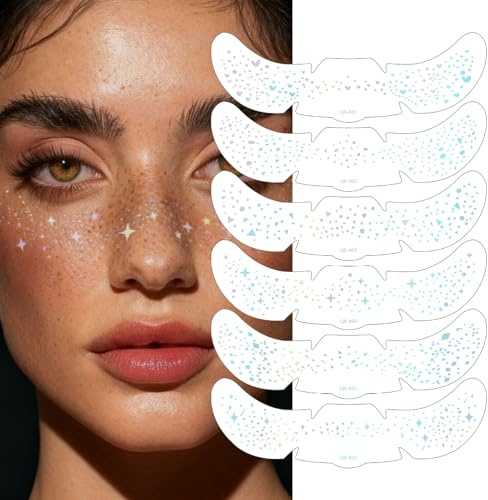 6 Pcs Glitter Freckles Face Tattoo,Multichrome Holographic Glitter Freckles,Waterproof Freckle Tattoo,Temporary Face Freckle,for Women Halloween,Carnival and Festival Rave Accessories