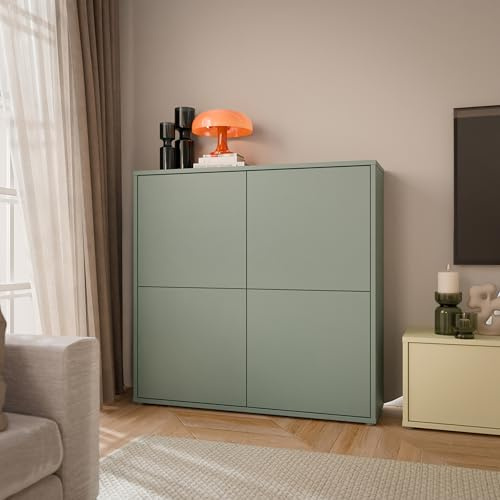Forte Alice Springs Schrank 130, modern-minimalistisch, 4 quadratische Türen, Wohn-/Schlafzimmer, Holzwerkstoff, Salbei, 124,5 cm breit x 121,5 cm hoch x 34,9 cm tief