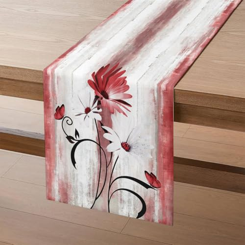 Tischläufer Frühling Rosa Blumen Tischdeko 40x100 cm Modern Tischband Weiße Gänseblümchen Schwarze Blätter Schmetterling Table Runner Dekoration für Esszimmer Hochzeiten Drinnen Urlaub Party Dekor