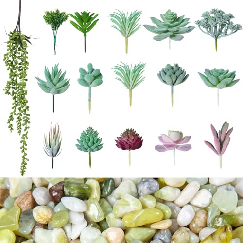 Suncalla 16 Pcs Artificial Succulent Plants with 2.2lb Small Decorative Jade Pebbles Set Small Plastic Faux Succulent Plants for Craft Flocked DIY Floral Home Garden Office Party Decor(Classic)