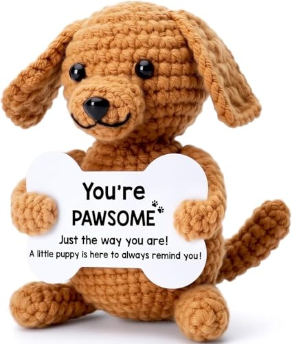 Crochet Puppy Plush – “You’re Pawsome” – Handmade Crochet Plushie, Cute Encouragement Gift for Dog Lovers, Appreciation Gift, Motivational Keepsake, Soft Yarn Puppy