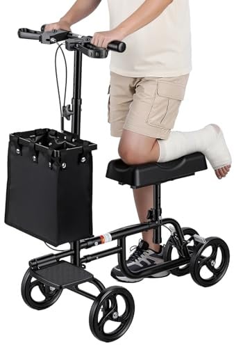 Knie Roller Gehhilfe, Knie Scooter mit Handbremsen und Abnehmbarer Tasche, Knie Walker Faltbar Höhenverstellbar für Fuß Knöchel Verletzung Rehabilitation, für Erwachsene (Schwarz)
