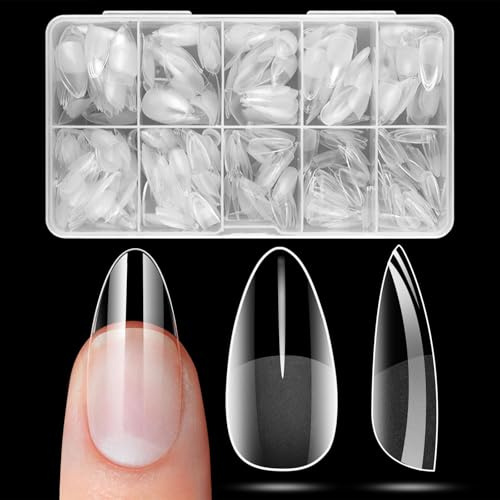 300Pcs Short Almond Nail Tips, Half Matte Pre-Etched No Filing False Nail Tips, 10 Sizes Clear Soft Gel Nail Extension Tips, Full Cover Short Almond Press On Nail for DIY Manicure Salon
