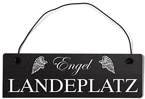 Deko Shabby Chic Schild Engel Landeplatz in schwarz Vintage Holz Türschild mit Draht