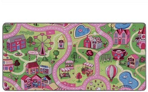 Primaflor Spielteppich SWEET CITY - 200x300 cm | Straßenteppich mit Märchen-Motiv in Rosa | Made in EU | Kinderteppich mit Straßen für Mädchen | für Fußbodenheizung | Kurzflor Teppich für Kinderzimmer