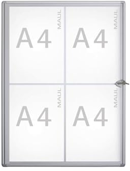 MAUL Schaukasten A4 MAULextraslim | Schaukasten Vitrine mit 4x DIN A4 Seiten | Infotafel mit Aluminiumrahmen und Glastür | Platzsparende flache Bauweise | Abschließbar mit Schloss | Aluminium