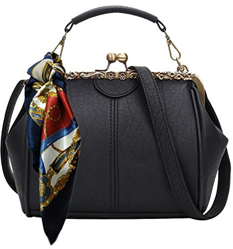 Puyang 20s 50s Vintage Kiss Lock Lychee Grain Handbag with Scarf (Black)