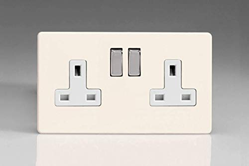 Varilight Primed Ready to Paint Flat Plate Screwless 2 Gang 13 Amp Switched Plug Socket - White Inserts, 86x147x32mm