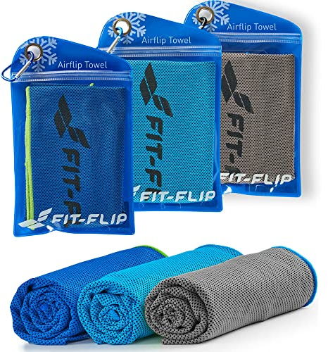 Fit-Flip Kühltuch 3er Set – kühlendes Handtuch Fitness und Sport – mikrofaser kühlhandtuch – Airflip kühltücher – cool Ice Towel (dunkelblau-grün/grau-blau/blau-dunkelblau, 100x30cm)