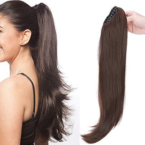 Ponytail Extension Pferdeschwanz Zopf mit Klammer Haarteil Haarverlängerung Hair Piece Haar Hitzebeständig Micro-wavy wie Echthaar 22(55cm) Mittel braun