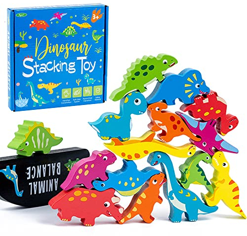 OBEST Montessori Stapel Spielzeug, Holzspielzeug Dinosaurier Balancing für Kinder, Holz Natur Balance Bausteine Stapelspiel lernspielzeug für mädchen und Junge ab 3 4 5 Jahre (15 Stück)