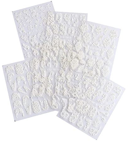 8 Sheets Decor French Embossed Flower Lace White 5D Acrylic Nail Stickers Wedding Design