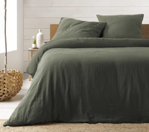 Parure de Lit en Gaze de Coton - 220x240 cm - Plusieurs Coloris (Vert Kaki)