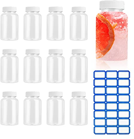 YUE QIN 12 Stück Saftflaschen Kunststoff mit Deckel Wiederverwendbar Kunststoffflaschen mit Aufkleber Milchflaschen Klare Trinkflasche für Saft Joghurt Kaffee Smoothie Wasser (100 ml)