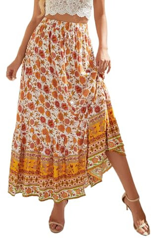 EMOTTOS Jupe Bohème Longue Maxi Élastique Taille Haute Été Florale Trapèze A-Ligne Rétro Avec Bretelle Décorative Pour Femme, Jaune L