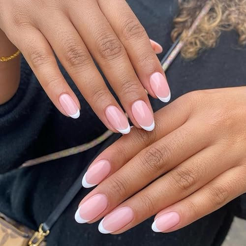MrCuvaryas 24 Stück Französisch Falsche Nägel Zum Aufkleben, Press on Nails - Weiße French Almond Künstliche Nägel, Eckig Pink White Acryl Künstliche Fingernägel Natur für Nail Art (Weiße Mandel)