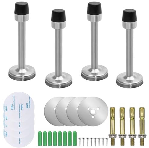4Pcs Sound Dampening Brushed Door Stop, 75mm Stainless Steel Wall Mounted Doorstop, Modern Door Stopper with Rubber Bumper Tip Tape Screws, Heavy Duty Skirting Board Buffer for Bedroom Office Hotel